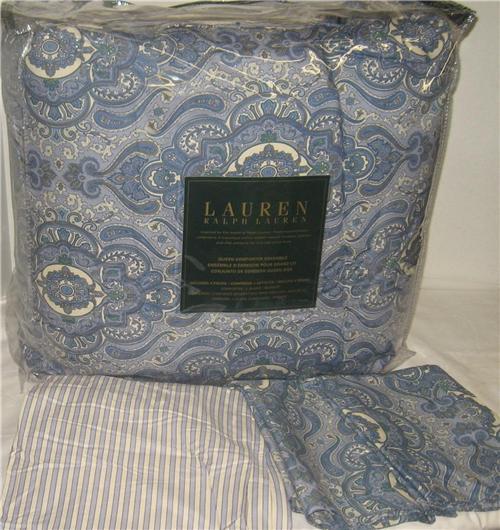 RALPH LAUREN Colchester Blue Paisley Stripe QUEEN OR KING COMFORTER SET