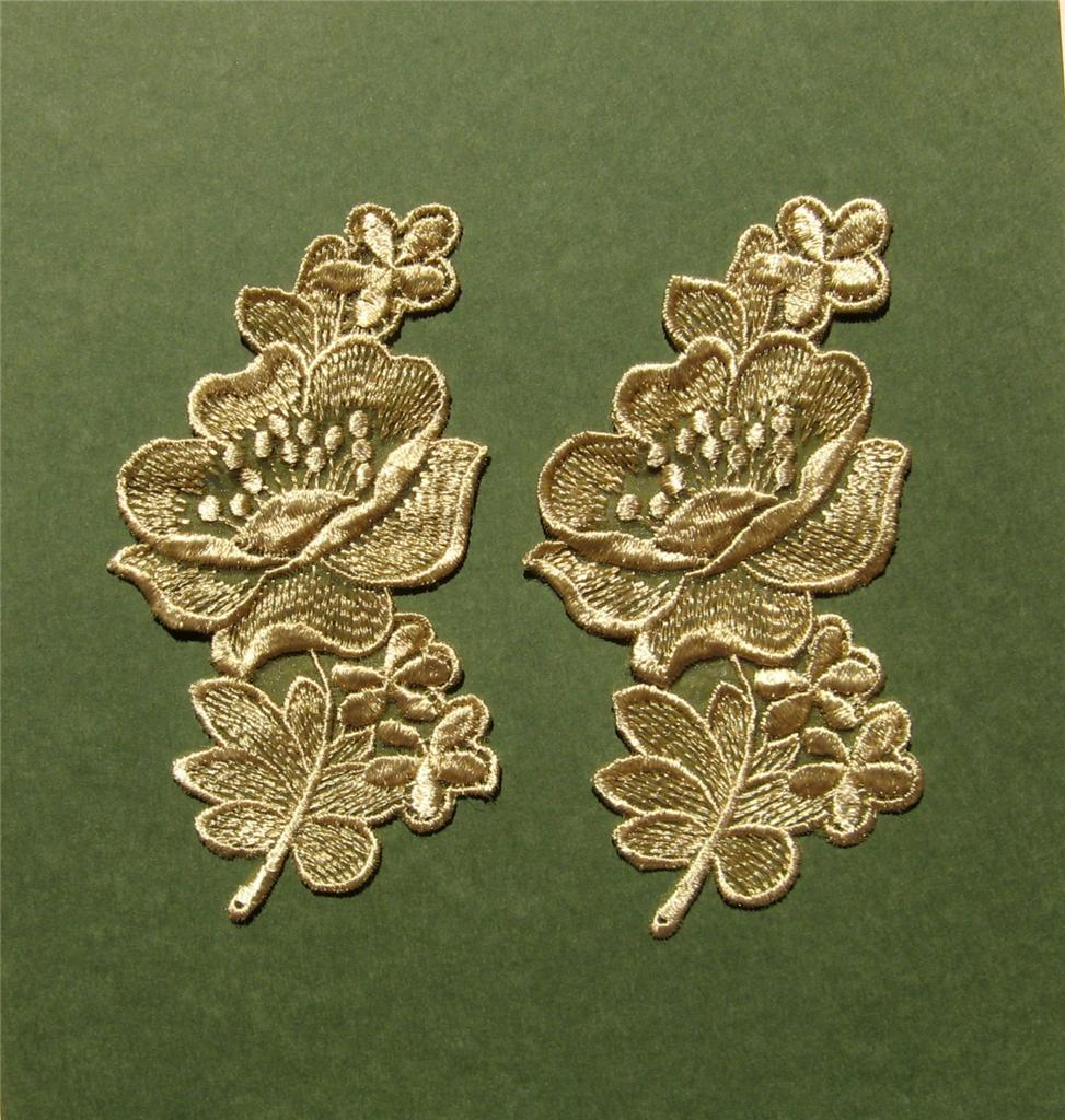 2 Embroidered Gold Lace Flower Appliques SL7