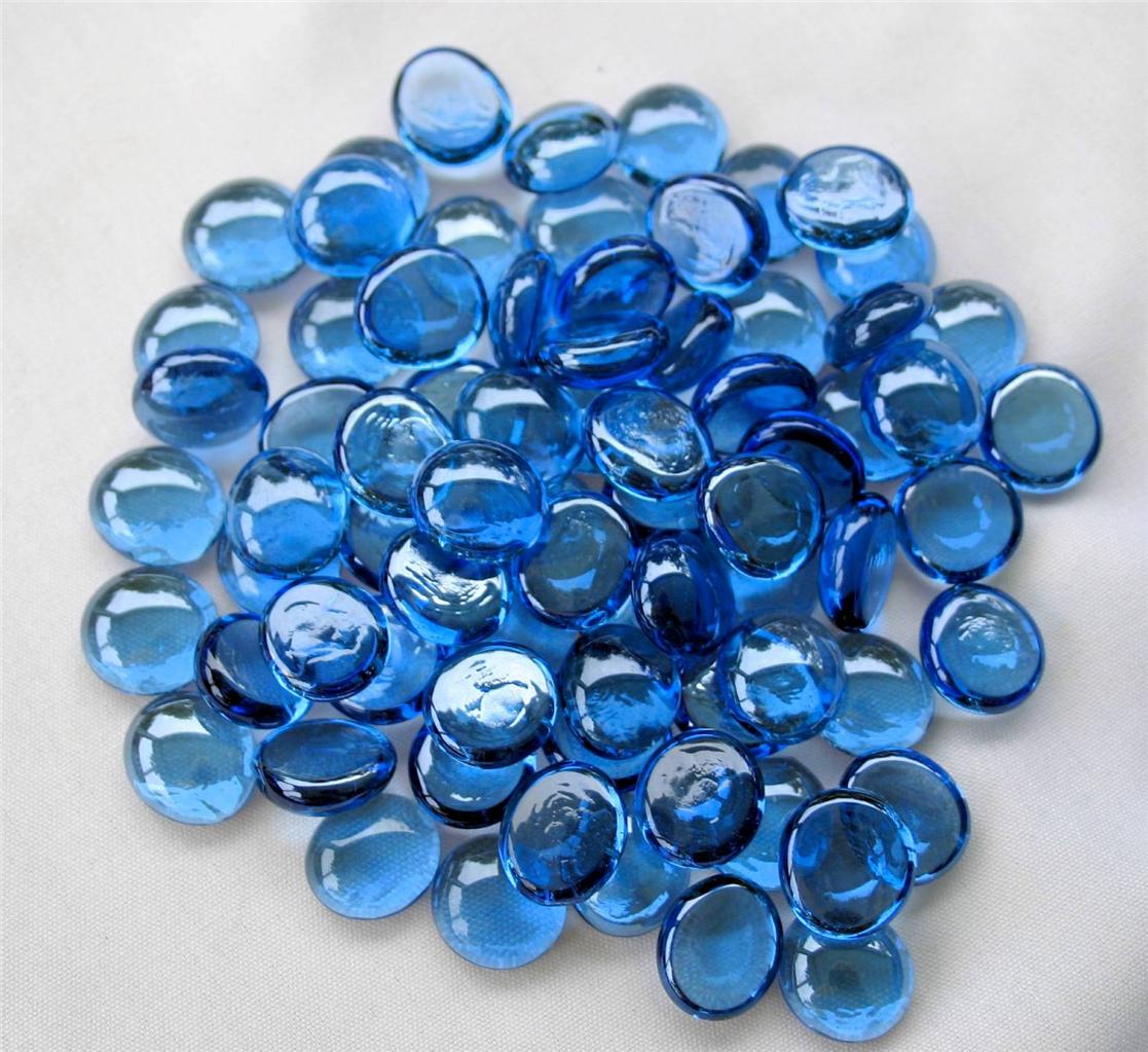 74 BLUE IRIDESCENT GLASS PEBBLES, FLAT BOTTOM MARBLES, MOSAICS, VASE