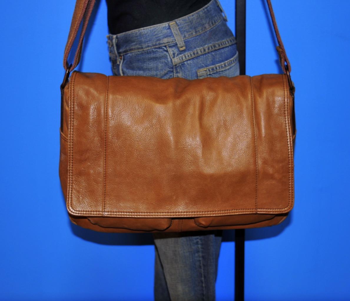 FOSSIL Large Unisex Brown Leather Messenger Cross-Body Laptop School Work Bag | eBay