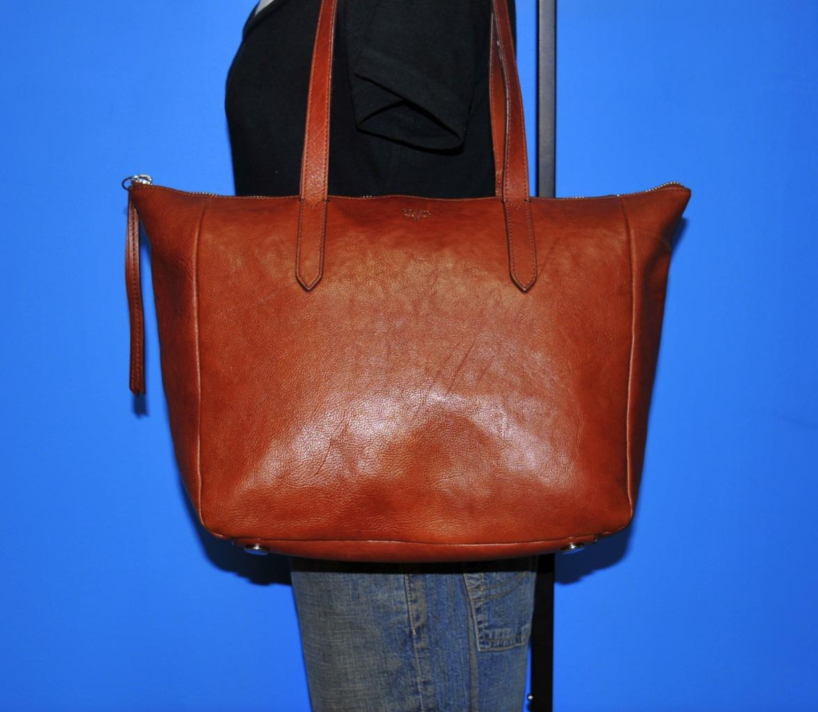 EUC FOSSIL Large SYDNEY SHOPPER Brown Shoulder Shopper Leather Tote Purse Bag | eBay