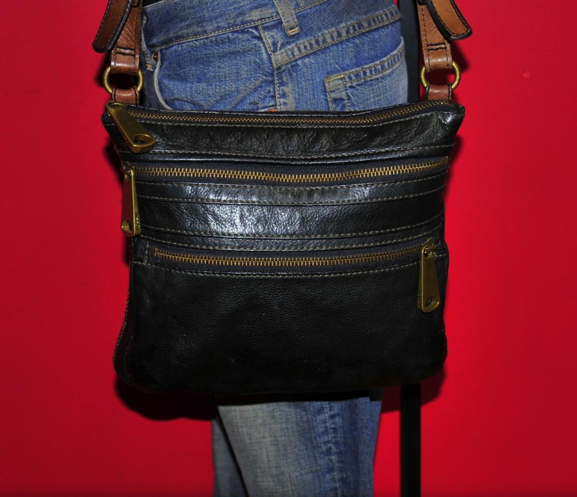 FOSSIL Black Rugged Brown Leather EXPLORER Cross-Body Messenger Zipper Purse Bag | eBay