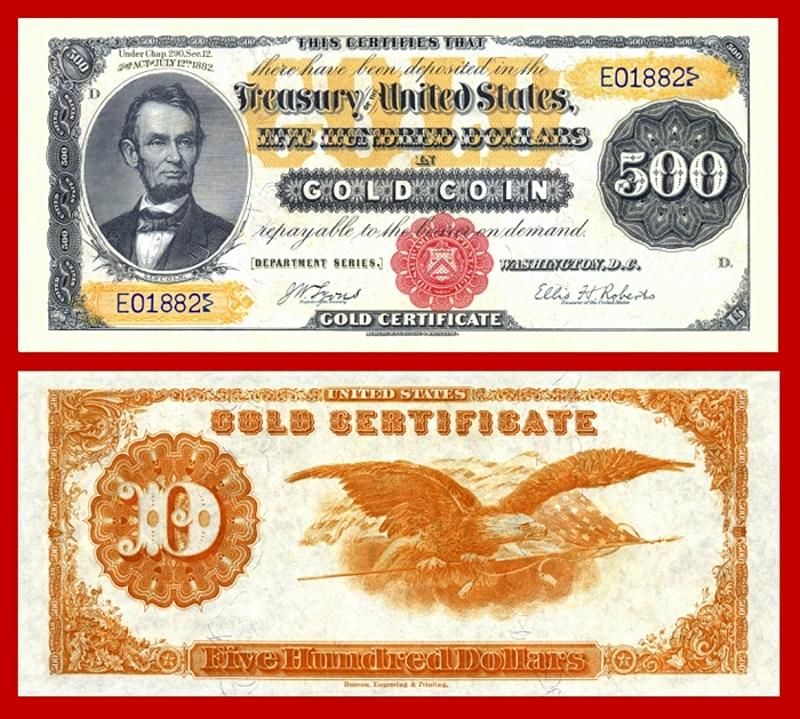 1882 $500 quot LINCOLN quot GOLD CERTIFICATE OVERSIZED COPY