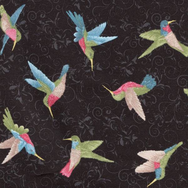 GLORIOUS HUMMINGBIRDS ON BLACK Cotton Fabric BTY for Quilting, Craft