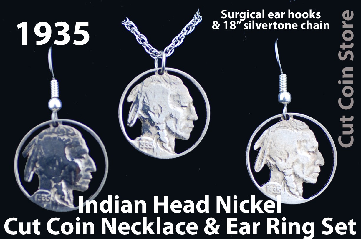 NEW Indian Head Nickel Cut Coin Jewelry Necklace Earring Sets 1935 1936