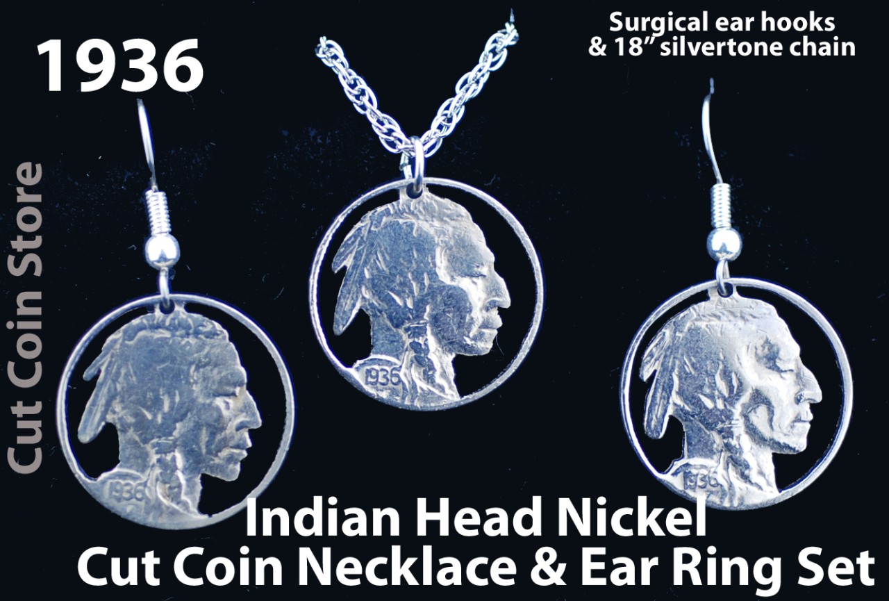 NEW Indian Head Nickel Cut Coin Jewelry Necklace Earring Sets 1935 1936