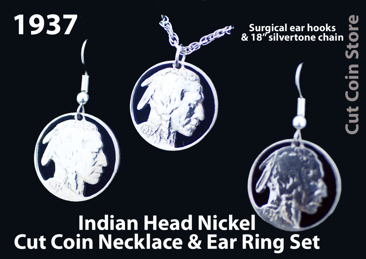 NEW Indian Head Nickel Cut Coin Jewelry Necklace Earring Sets 1935 1936