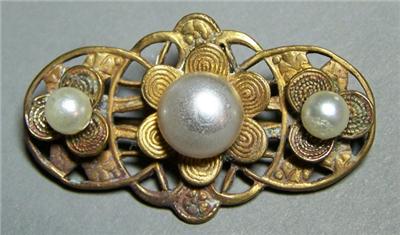 Victorian Estate Jewelry Brass & Faux Pearl Bar Pin
