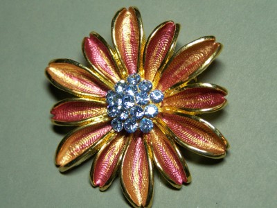 Vintage Costume Jewelry Blue Rhinestone Flower Brooch