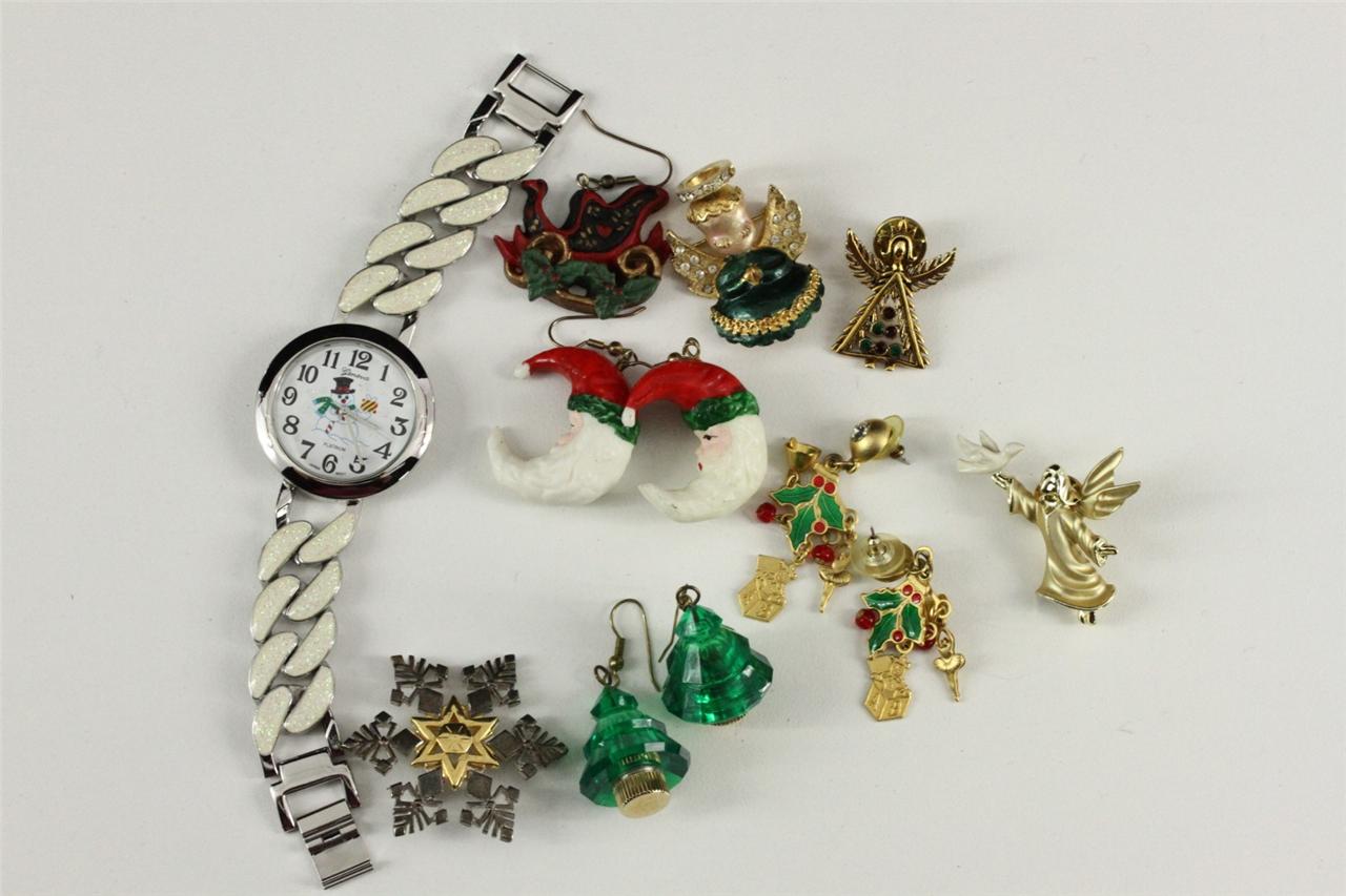 Vintage Costume Jewelry Christmas Enamel Rhinestone Earrings Watch