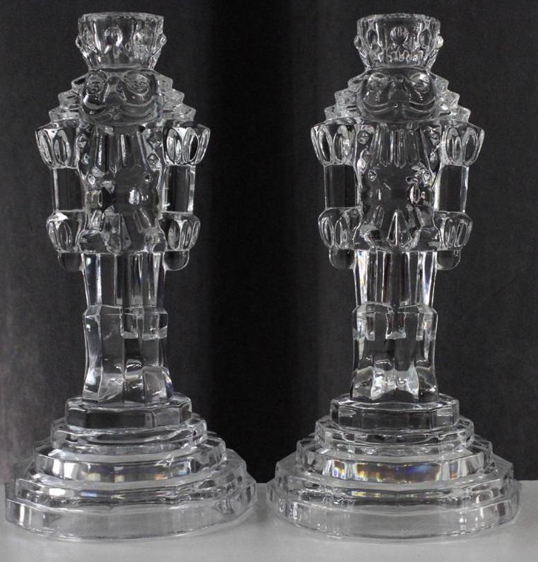 Art Glass Lead Molded Crystal NUTCRACKER Figural Candlesticks Pair