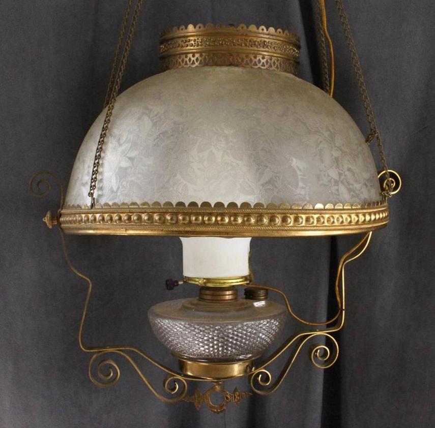 Antique Hanging Brass Library Oil Electric Lamp Tanner 1880 Glass Shade