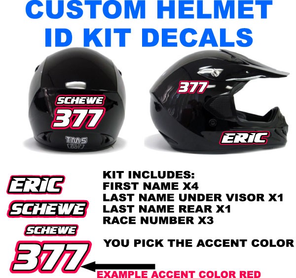 Helmet ID Kit Custom Name & Number Decal Kit MX ATV BMX JR Dragster