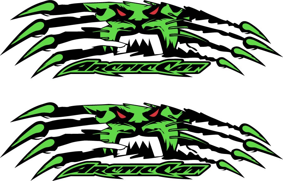 2 Arctic Cat Tear Decal Sticker 9" Full Color Lime Green Sled ATV Truck