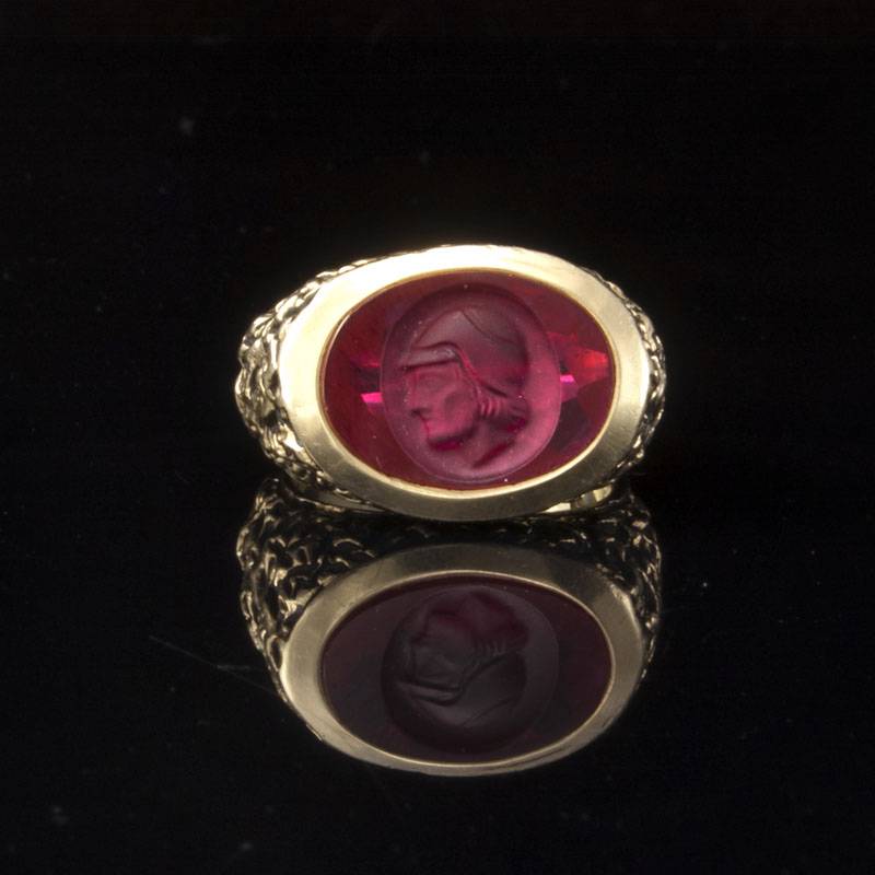 RARE ANTIQUE ART DECO 14K WHITE GOLD CARVED RUBY INTAGLIO CAMEO MEN