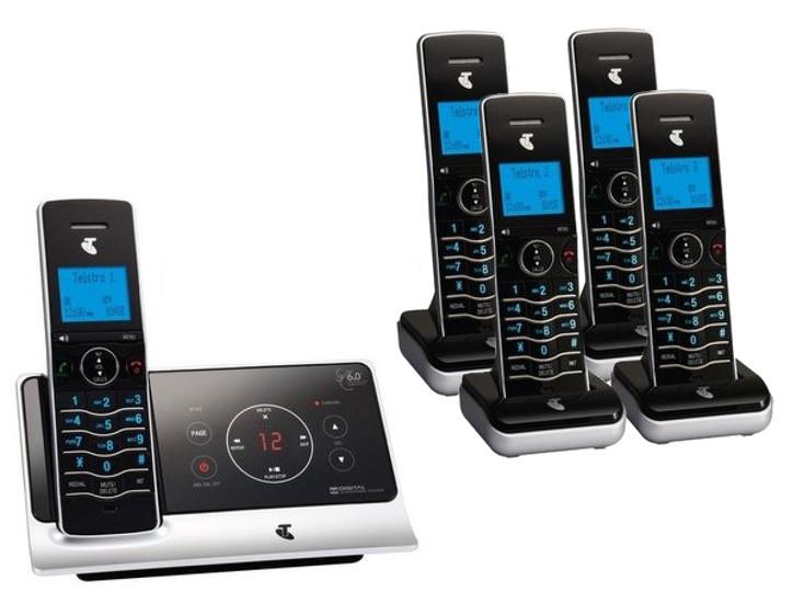 Telstra 9650+4 QUIN 5 Handset Slim Black Cordless Phone answer machine