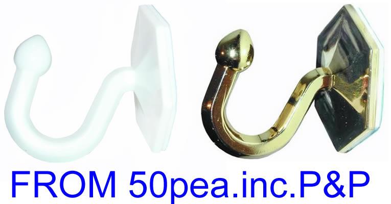 CURTAIN TIE BACK HOOKS SELF ADHESIVE WHITE OR GOLD PACK OF 10/50 FROM
