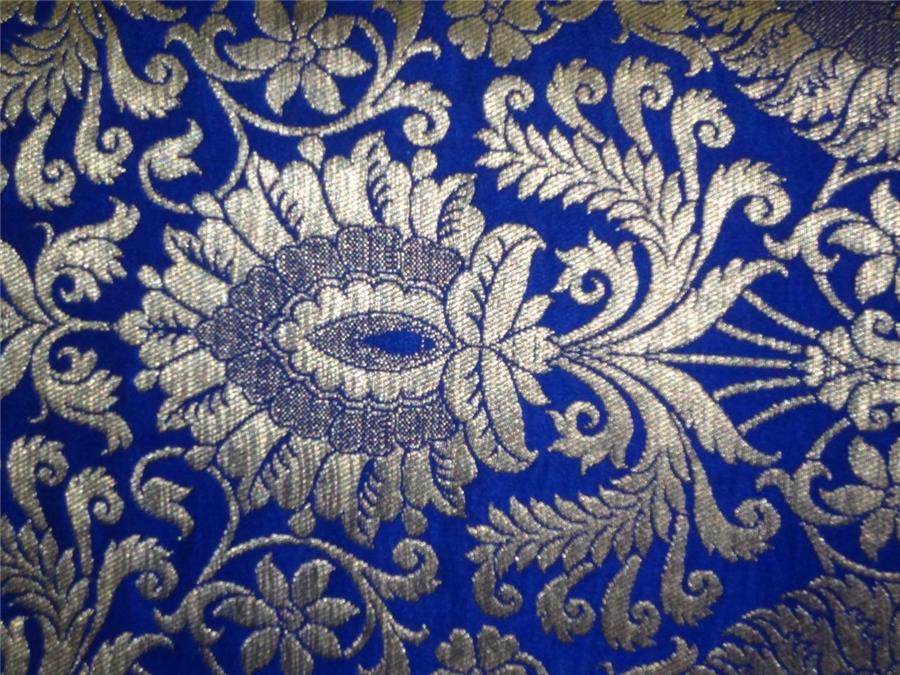 Heavy Silk Brocade Fabric Royal Blue x Metallic Gold Color 36"