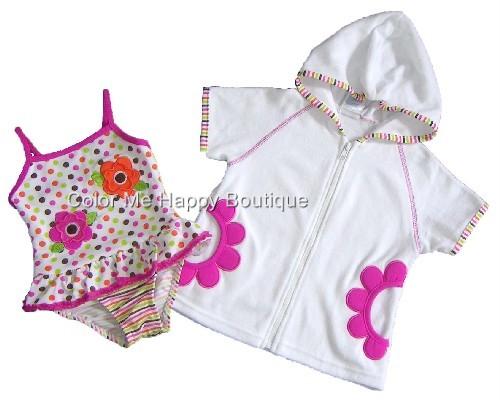 White Pink "Dots & Flowers" Swimsuit & Coverup set TODDLER Girls 2T-4T