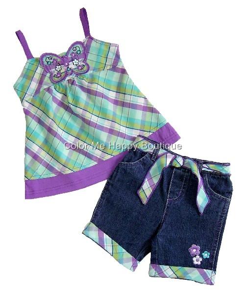 New Girls Purple Plaid Butterfly Shorts Clothes sz 12m