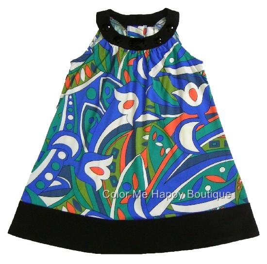 Rare Editions Blue Black Abstract RETRO Flowers Beaded Knit Dress Little Girls 4-6x