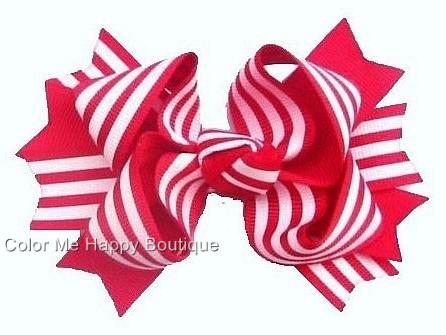 Red White Stripe Custom Boutique Girls Hair Bow 4.5"x3.5"