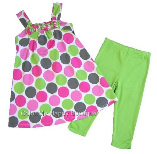 Flapdoodles Pink Lime Dots Dress & Leggings Capri set Little Girls 4-6x