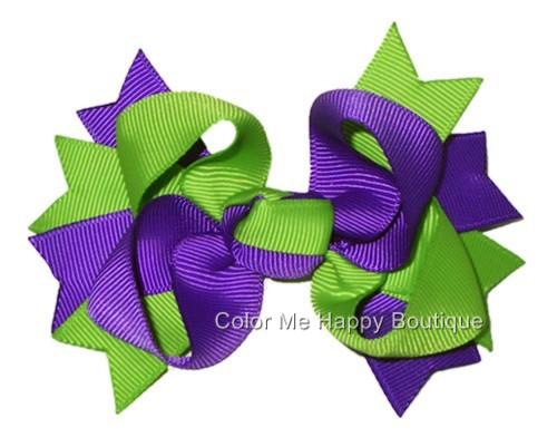 Purple Green Grosgrain Ribbon Boutique Hair Bow 4.5"x3.5"