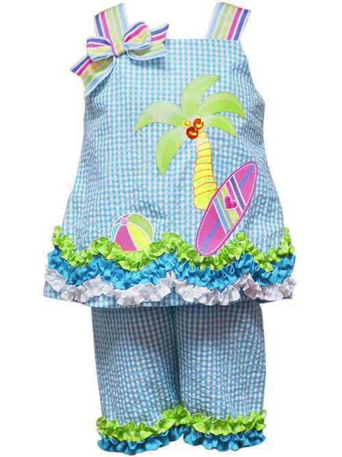 Rare Editions Palm Beach Turquoise Seersucker Capri set BABY Girls 12m-24m