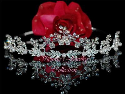 SWAROVSKI CLEAR CRYSTAL PEARL BRIDAL WEDDING TIARA T1