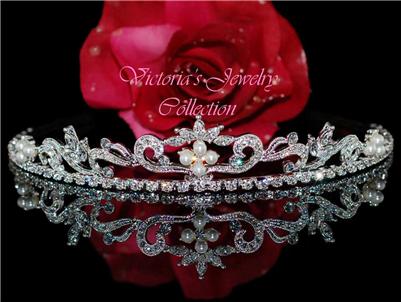 SWAROVSKI CLEAR CRYSTAL PEARL BRIDAL WEDDING TIARA T3