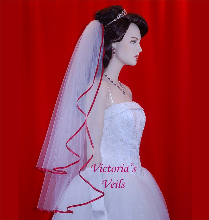 2 Tier Bridal Veil with Apple Red Satin Ribbon