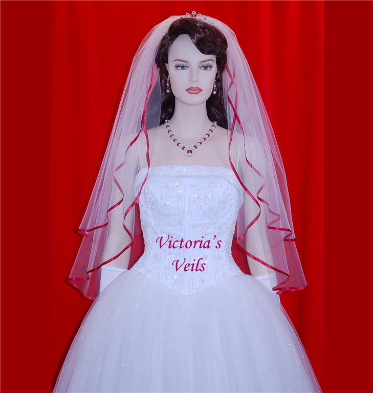 2 Tier Wedding Veils with Apple Red Satin Ribbon