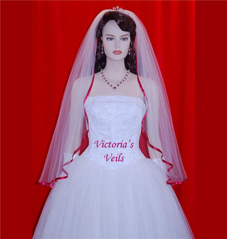 wedding veils with apple red trim
