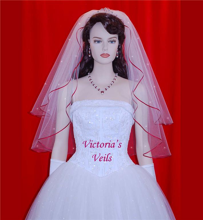 Two Tier White Wedding veil with Apple Trim