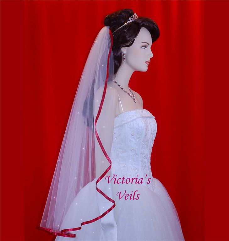 One Tier Bridal veil with Apple ribbon