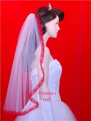 WEDDING BRIDAL APPLE RED LACE MANTILLA VEIL 32" L6