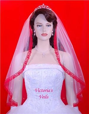 APPLE RED LACE SWAROVSKI CRYSTALS WEDDING BRIDAL MANTILLA VEIL 32" L6R