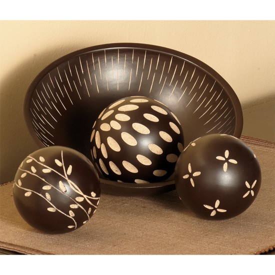 4 pc Decorative Carved Wooden Ball and Bowl Set Chocolate Brown and Tan