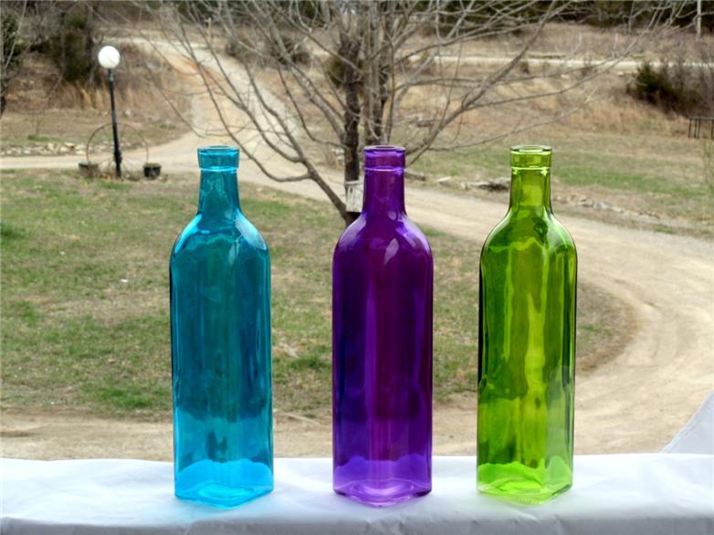 Set of 3 Colored Glass Bottles Vases Purple Green Blue