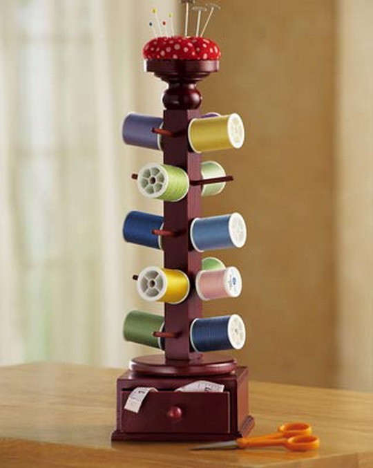 Wood Revolving Sewing Thread Spool Storage Holder Organizer Pincushion