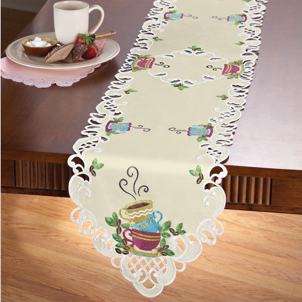NEW Embroidered Cafe' Tea Cup Coffee Shop Table Runner Cutout Edges 69.