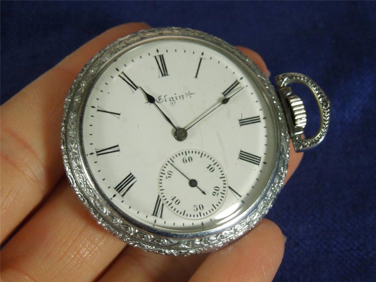 ANTIQUE SILVER TONE ELGIN OPEN FACE POCKET WATCH FOR REPAIR NOT WORKING