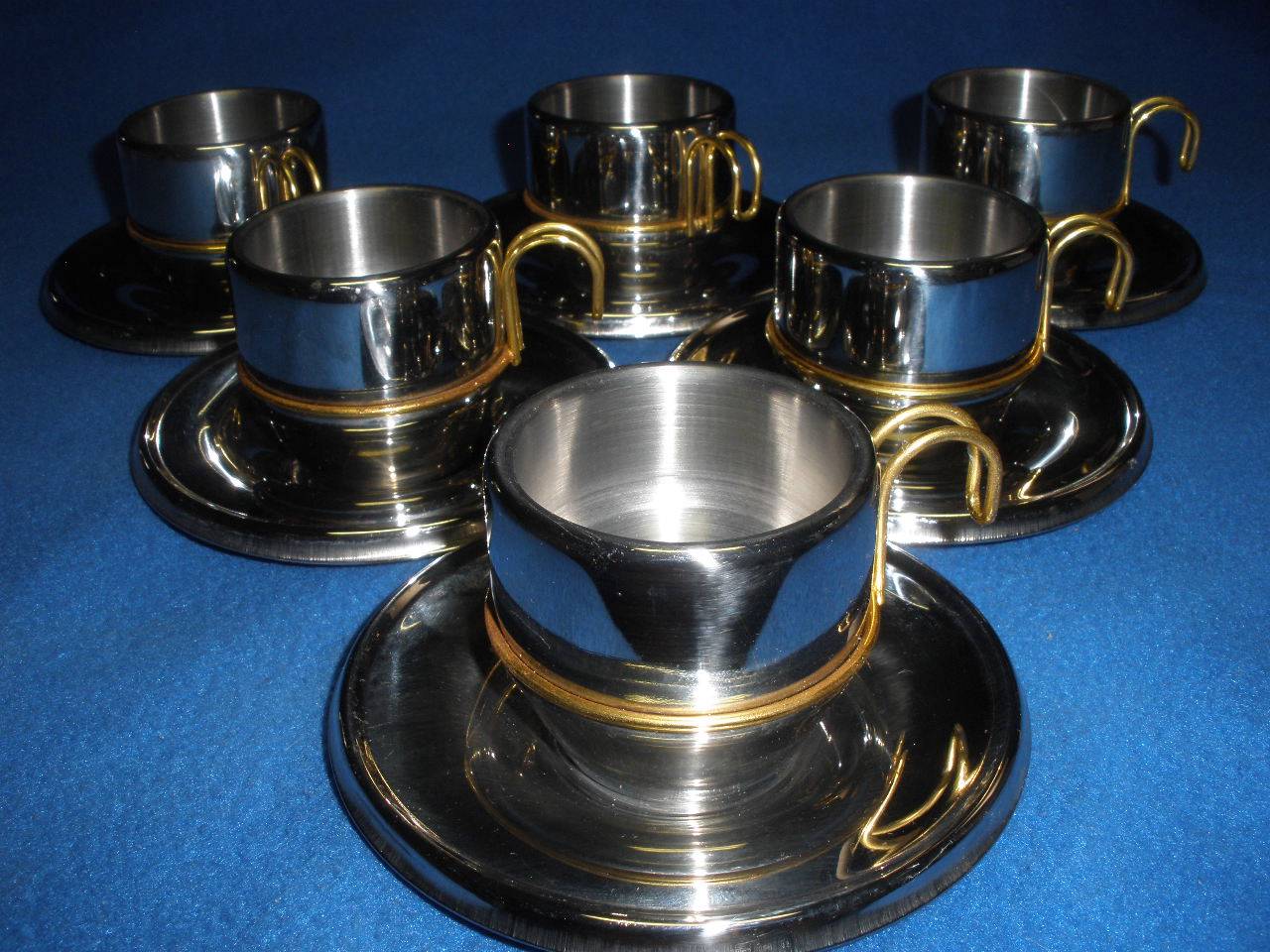 SET OF 6 ESPRESSO CUPS AND SAUCERS INSULATED STAINLESS STEEL ACCIAIO INOX