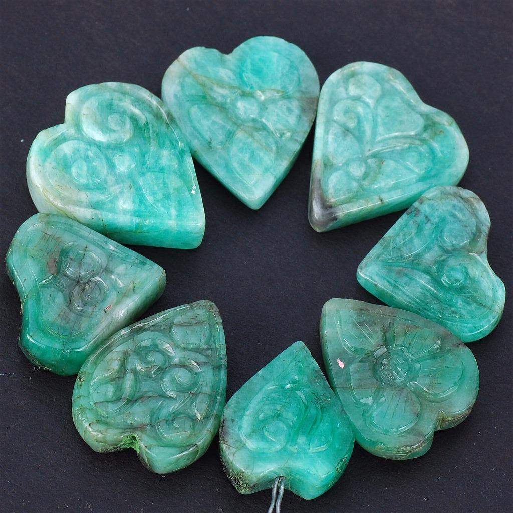 126 Cts/8 Pcs Untreated Natural Emerald PreDrilled Heart Shape Carved