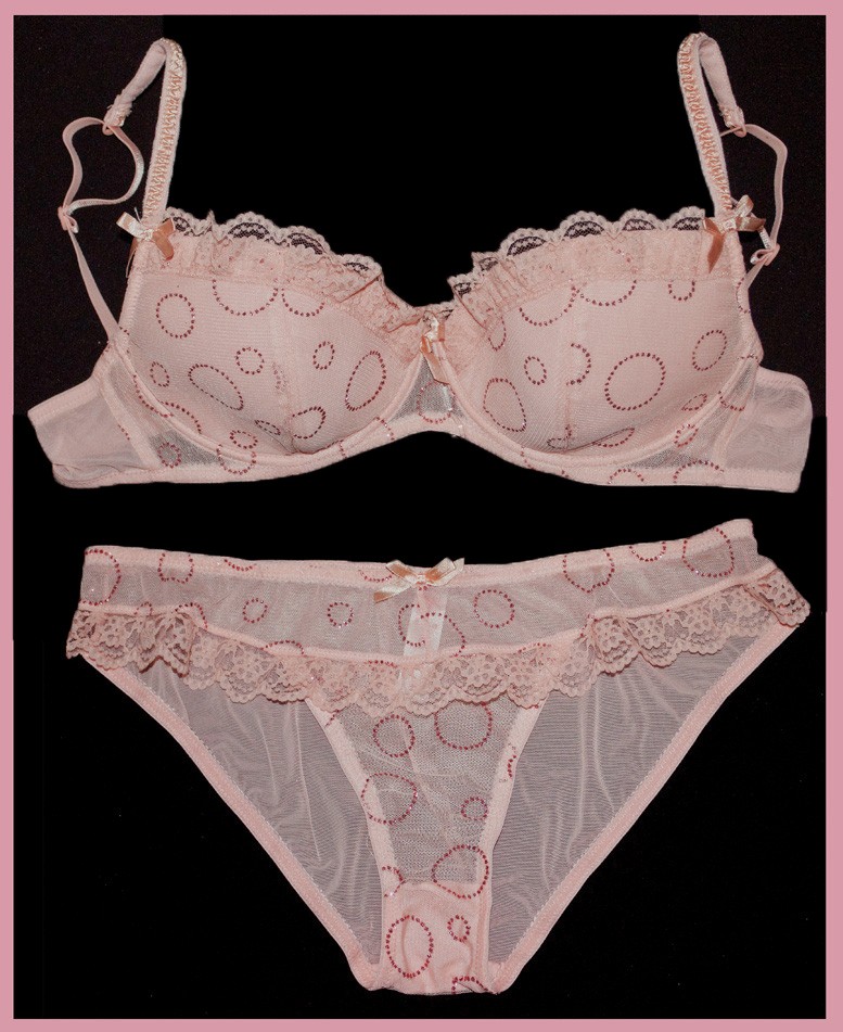 GLITTERING PINK PADDED LACE TRIM BRA PANTIES SET 12B 12C 14B