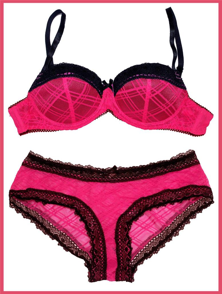 Hot Pink And Black Lace Balconette Push Up Bra Panties Set 12a 14a 14c 16c Ebay