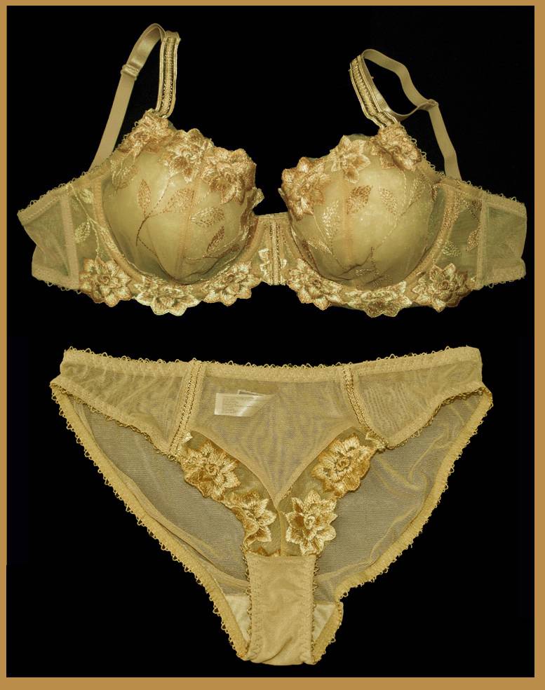 NUDE & GOLD LACE EMBROIDERED SHEER NON PADDED BRA PANTIES SET 12B 14B 14C eBay