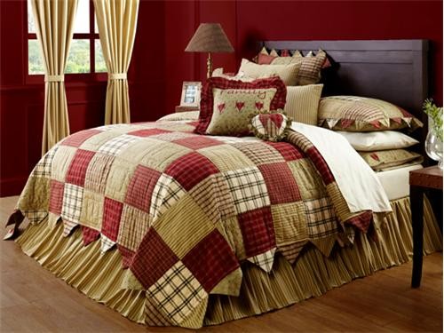 Heartland Primitive Country Tan Red Hearts 4pc Quilt Shams Pillows
