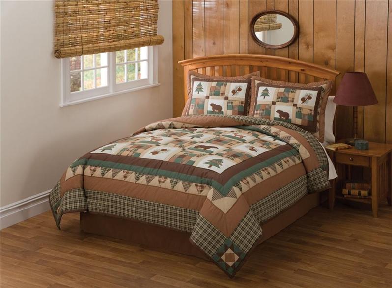 LODGE CABIN MOOSE HEAD BEAR PINES BROWN TWIN FULL QUEEN KING QUILT